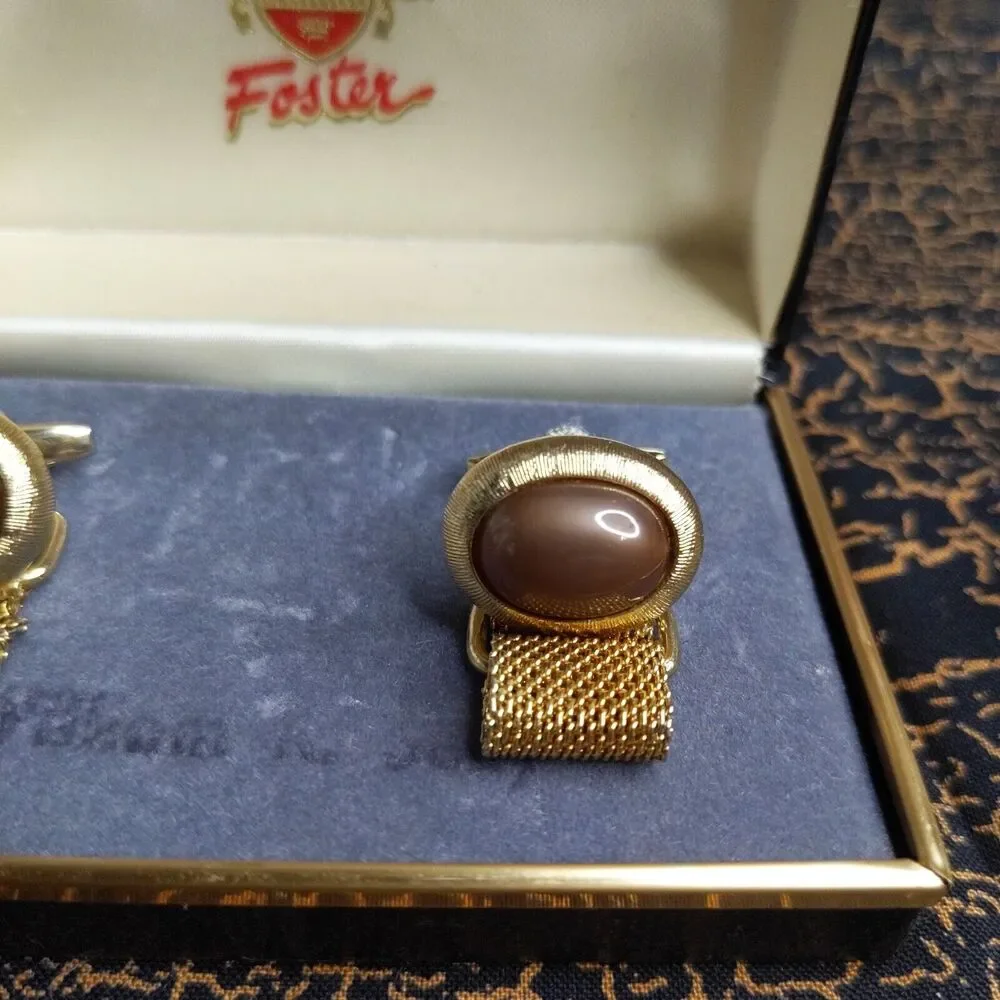 Vintage Foster USA Gold Tone Oval Cufflinks WrapARound Brown Stone Shirt Tux